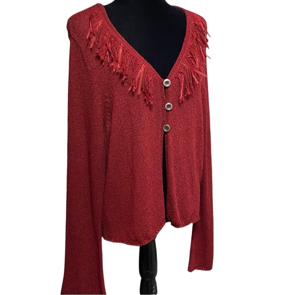 J Jill Red Silk Linen Fringe Cardigan Artsy Boho Sweater Lagenlook Medium - Picture 3 of 8